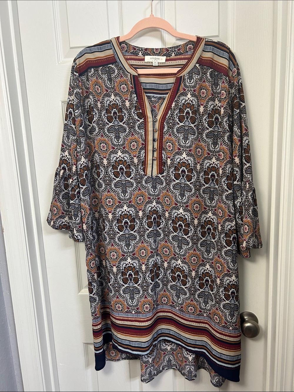 Umgee Striped and Floral Multi-Color Boho High Low Tunic Dress Plus Size 1X